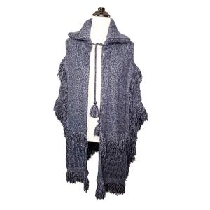 GAP Cable Knit Fringe Shawl Collar Poncho Cape Blue Tassel Wool Blend One Size